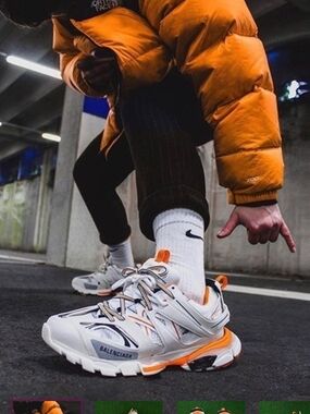 Balenciaga White and Orange Runner-Style Sneakers